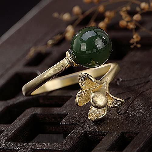 GNEHSL Anillo De Piedra Natural Elegante Ajustable - S925 Hetian Jade Jasper Anillo De Dedo Abierto con Cuentas Redondas, Anillo De Cola Apilable para Dama De Orquídea, Únicos para
