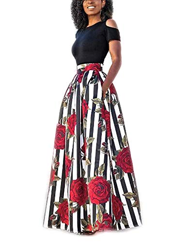 GNRSPTY 2 Piezas Mujer Vestidos Casual Verano para Boda Básica Top sin Tirantes + Falda Largos Retro Rosa Impresaho de Fiesta Playa Ceremonia,Color 1,XL