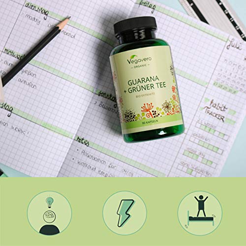Guaraná + Té Verde Orgánico Vegavero® | Con 104 mg de Cafeína | 25% Polifenoles | 90 Cápsulas | Détox + Quema Grasas Natural & Acelerador de Metabolismo | BIO