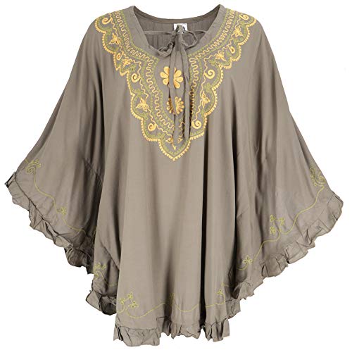 GURU SHOP Poncho hippie bordado, túnica, caftán, vestido de playa, talla grande, para mujer, gris, sintético, talla única, blusas y túnica, ropa alternativa, caqui, Tallaúnica