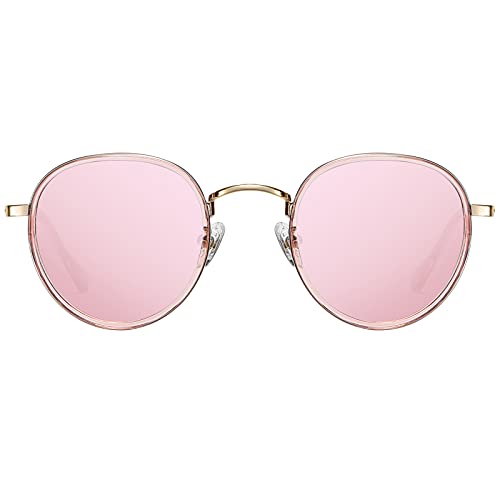 H HELMUT JUST Gafas de Sol Mujer Redondas Polarizadas Vintage Rosa Tipo Espejo Lente Anti Reflejos