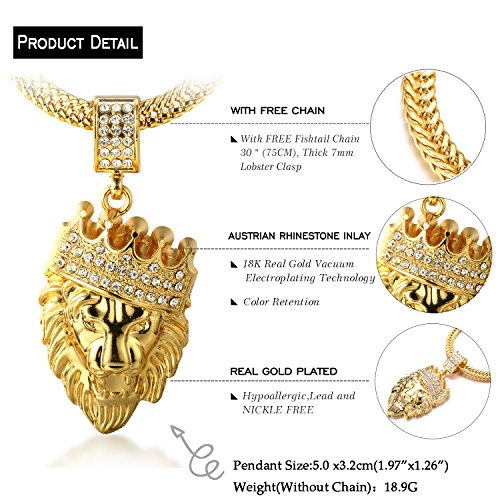 HALUKAKAH ● Kings Landing ● Hombres Chapado en Oro Real de 18k Collar Colgante Corona León Diamantes Artificiales Conjunto con Cadena de Cola de Pescado Gratis 75cm