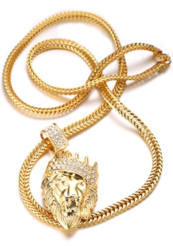HALUKAKAH ● Kings Landing ● Hombres Chapado en Oro Real de 18k Collar Colgante Corona León Diamantes Artificiales Conjunto con Cadena de Cola de Pescado Gratis 75cm