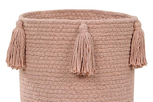 Happy Decor Kids -Cesta POM-POM S Rosa Oscuro- Hecha a Mano- Cesto Decorativo y Organizador Elaborado en 100% Algodón Natural con Borlas en el Borde - Tamaño: 22x21x21cm.