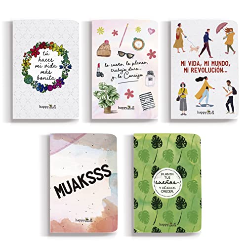 HappyMots Pack 5 Libretas A6 | 5 Diseños Diferentes | Libretas Bonitas para Escribir o Dibujar | 14,8 x 10,5 cm | Cuaderno A6 liso | Libretas pequeñas | Ideal para Regalar o como Bullet Journal