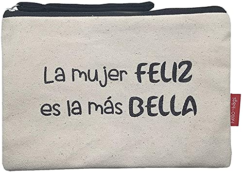 Hello-Bags. Bolso Neceser/Cartera de Mano. Algodón 100%. Modelo LAMUJERFELIZ. Blanco. con Cremallera y Forro Interior. 23 * 15,5 cm. Incluye Bonito sobre Kraft de Regalo.
