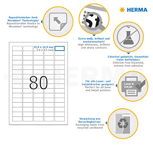 Herma 10003 - Pack de 2000 etiquetas, 35.6 x 16.9 mm, color blanco