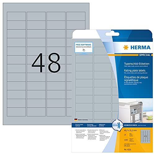 Herma 4221 - Pack de 1200 etiquetas, 45.7 x 21.2 mm, color plateado