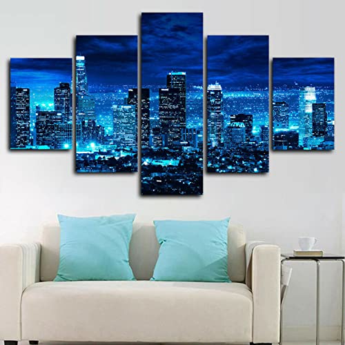 HHGJJ Cuadros Impresos en Lienzo Que Brillan en la Oscuridad 100x55cm 5 PiezasNoche del Horizonte de Los Ángeles Póster Premium Lienzo de Tejido no Tejido XXL