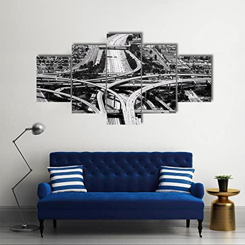HHGJJ Cuadros Impresos en Lienzo Que Brillan en la Oscuridad 150x80cm 5 PiezasCruce de autopista en el Aeropuerto de Los Ángeles Premium Lienzo de Tejido no Tejido XXL