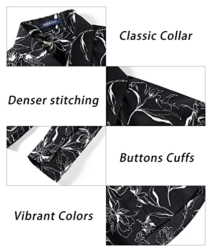 HISDERN Camisa Negra Flores Hombre de Manga Larga Camisas con Botones Estampado Floral Regular Fit Elegante Informale Casual Shirt para Fiesta Club