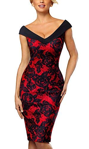 HOMEYEE Vestido de cóctel Floral sin Mangas con Cuello en V sin Mangas Vintage Rose B425(EU 36 = Size S,Rojo)
