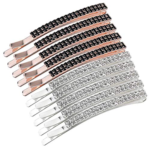 HQdeal 10Pcs Pinzas de Pelo de Cristal de Diamantes de Imitación, Rhinestone Bobby Pins, Horquillas para el Pelo, Pinzas para el cabello de Metal para Mujeres Niñas, Negro Plata