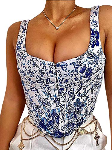 Huyghdfb Women Sexy Spaghetti Strap Corset Halter Boned Bustiers Club Crop Top Camis (Porcelana Azul y Blanca, S)