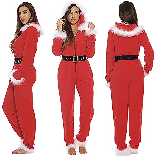I3CKIZCE 1 mono de Papá Noel para hombre o mujer, mono de fiesta de Navidad con capucha + cinturón, ropa de Papá Noel de lujo con cremallera color liso, rojo, M