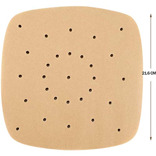 Ideal Swan 200 Piezas Papel Freidora Aire Forros Cuadrados para freidoras de Aire 21.6 cm Alfombrilla de Vapor Antiadherente, Papel de pergamino sin blanquear Perforado para Hornear Galletas - Marrón