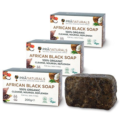 Jabón de PreNaturals, africano, orgánico, natural, 3 x 200 g, color negro, hecho éticamente en Ghana, para todos los tipos de piel