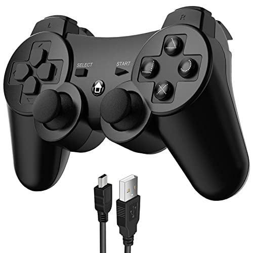 JAMSWALL Mando Inalámbrico para PS3, Bluetooth Controller Joystick con Doble Vibración para Playstation 3 con Cable, Negro