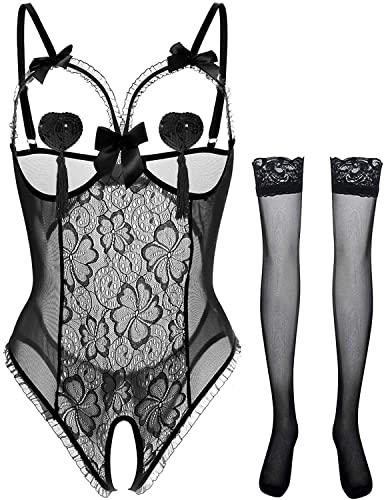 JFAN Lencería Mujeres Lazo Floral Sexy Mini Conjunto de Traje Malla Dormir Conjunto de Lencería