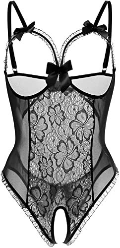 JFAN Lencería Mujeres Lazo Floral Sexy Mini Conjunto de Traje Malla Dormir Conjunto de Lencería