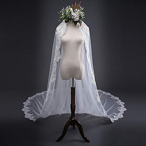 JFSKD Velo de Novia,Catedral de Velo de Novia de Marfil Blanco,Velo de Novia de Cola Larga, Encaje de Alta Gama, Peinado romántico para Novia, Tul Suave, Velo de Novia de 3 m de Largo,White