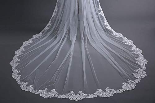JFSKD Velo de Novia,Catedral de Velo de Novia de Marfil Blanco,Velo de Novia de Cola Larga, Encaje de Alta Gama, Peinado romántico para Novia, Tul Suave, Velo de Novia de 3 m de Largo,White