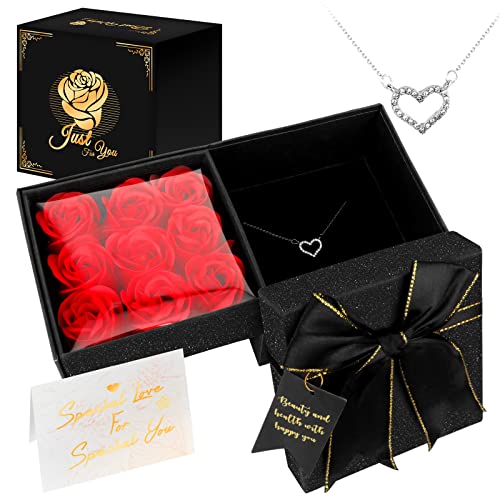 Joyhoop Rosa Eterna Caja Regalo Giratoria, Regalos Originales para Mujer, Rosas Caja de joyería con Collar, Regalos Dia de la Madre, Creativo Regalos Mujer Aniversario Cumpleaños San Valentin.