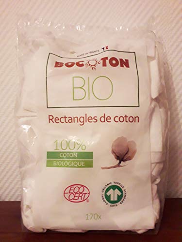 Juego de 170 rectángulos 100% algodón ecológico grande 80 x 100 mm. Más suave que un algodón lavable, con dos caras lisas, certificado Ecocert. Uso cosmético y cuidado