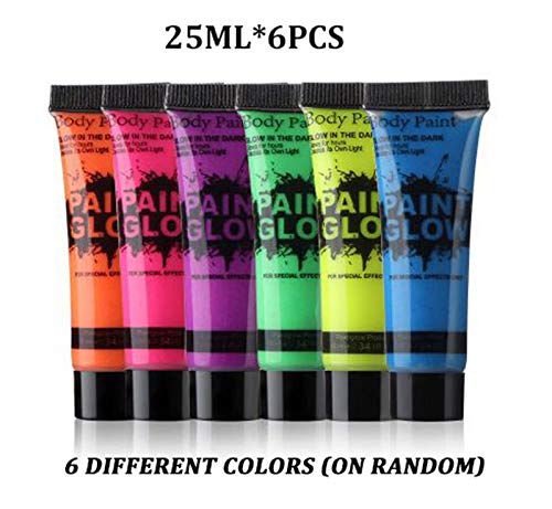 Juego de pintura facial y corporal de neón con brillo UV de 6 tubos - Fluorescente - ¡El brillo más brillante bajo los rayos UV! Maquillaje Niños 6 Colores 25ml Pintura Corporal Facial