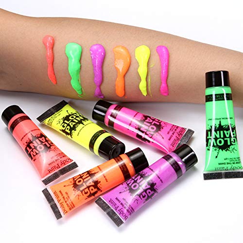 Juego de pintura facial y corporal de neón con brillo UV de 6 tubos - Fluorescente - ¡El brillo más brillante bajo los rayos UV! Maquillaje Niños 6 Colores 25ml Pintura Corporal Facial