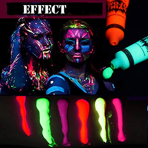 Juego de pintura facial y corporal de neón con brillo UV de 6 tubos - Fluorescente - ¡El brillo más brillante bajo los rayos UV! Maquillaje Niños 6 Colores 25ml Pintura Corporal Facial