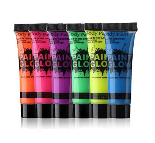 Juego de pintura facial y corporal de neón con brillo UV de 6 tubos - Fluorescente - ¡El brillo más brillante bajo los rayos UV! Maquillaje Niños 6 Colores 25ml Pintura Corporal Facial