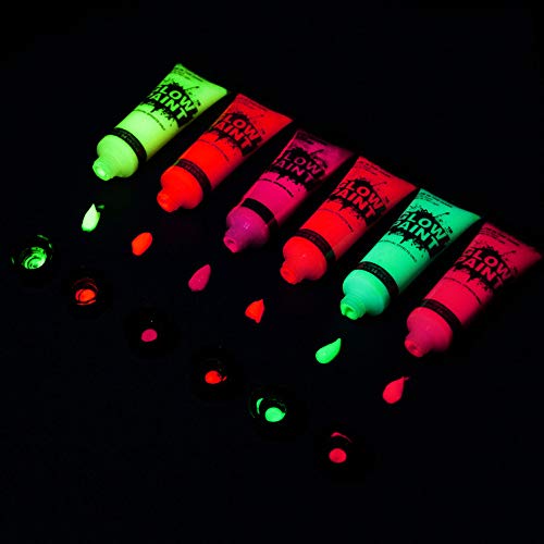 Juego de pintura facial y corporal de neón con brillo UV de 6 tubos - Fluorescente - ¡El brillo más brillante bajo los rayos UV! Maquillaje Niños 6 Colores 25ml Pintura Corporal Facial