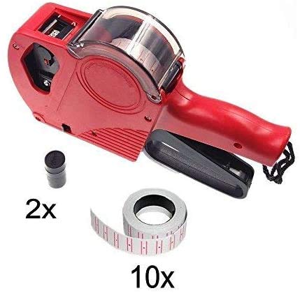 JZK® Etiquetadora pistola de precios 1 línea 8 caracteres precios al por menor kit de la pistola de etiquetas con 10 rollos de etiqueta y 2 cartuchos de tinta, rojo
