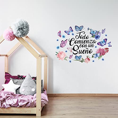 KAIRNE Mariposas Pegatinas Decorativas Pared Frases Motivadoras,Pegatina “Todo Comienza con un Sueño” para Kids Room,Pegatina Cita Motivadoras para Sala,Decoración para Hogar Decor del Dormitorio