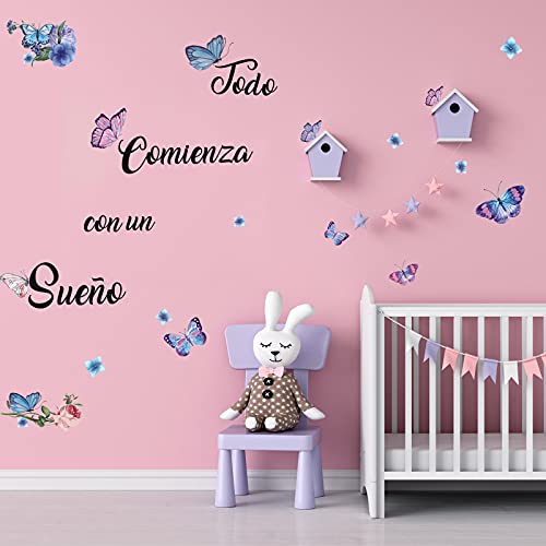 KAIRNE Mariposas Pegatinas Decorativas Pared Frases Motivadoras,Pegatina “Todo Comienza con un Sueño” para Kids Room,Pegatina Cita Motivadoras para Sala,Decoración para Hogar Decor del Dormitorio