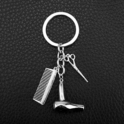 kangql Llavero creativo para secador de pelo, tijeras, peine, llavero de regalo para peluquería, color plateado