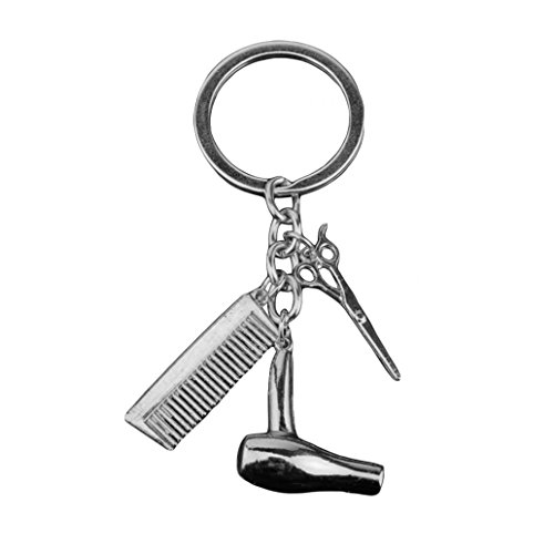 kangql Llavero creativo para secador de pelo, tijeras, peine, llavero de regalo para peluquería, color plateado
