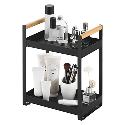 KES Organizador de Armario de Baño, Organizador de Armario con Asas de Madera, Estante de Baño de 2 Niveles para Cosméticos, Cuidado de la Piel, Maquillaje, Perfume, Negro Mate, BSC501-BK