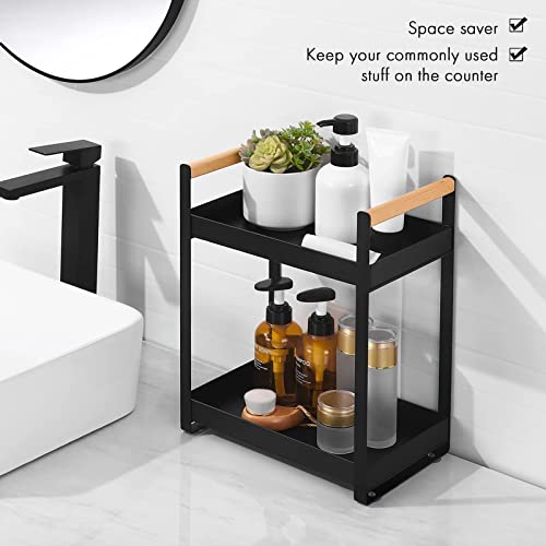 KES Organizador de Armario de Baño, Organizador de Armario con Asas de Madera, Estante de Baño de 2 Niveles para Cosméticos, Cuidado de la Piel, Maquillaje, Perfume, Negro Mate, BSC501-BK