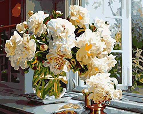 Kit de pintura de diamante por número, pintura de diamante redonda completa para decoración de pared del hogar, WM-2007-alféizar de la ventana Peonia (40 x 50 cm)