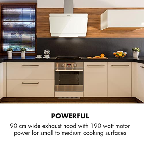 Klarstein Aurica - Campanas extractoras cocina, Campana extractora diseño con 3 potencias, Campana extractora decorativa con control táctil, Filtro de aluminio, Hasta 620 m³/h, 90 cm ancho, Blanco