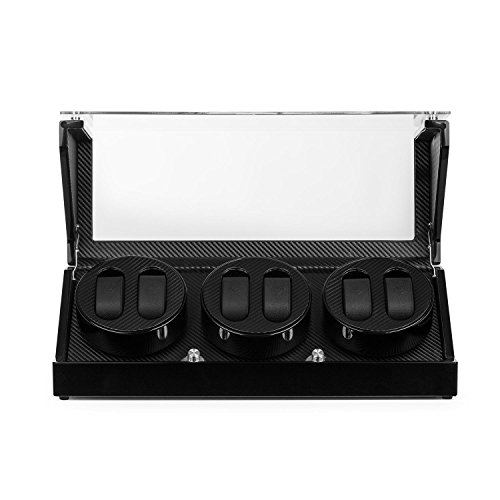KLARSTEIN CA3PM, Estuche Vitrina para Relojes, Bobinadora, 3 bobinas para 6 Relojes, 4 programas de rotación, Ventana acrílica, Carcasa lacada, Hecha a Mano, Aspecto Fibra de Carbon, Negro