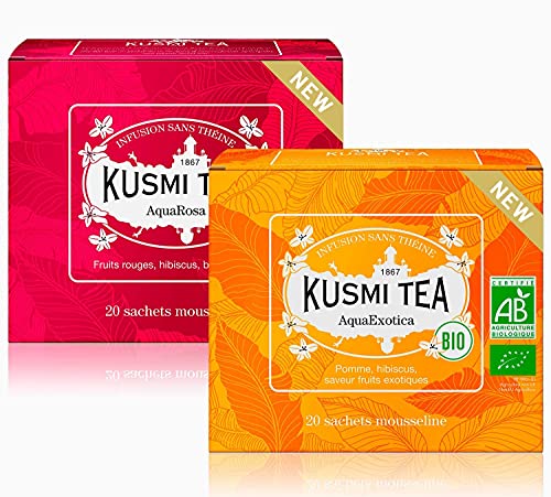 Kusmi Tea - AquaExotica & AquaRosa Bio - Infusión ecológica sin Teína, Afrutada y Deliciosa - Juego de 2 cajas - 2x20 bolsas de té - Aproximadamente 40 tazas