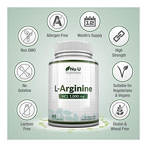 L-Arginina 4000-365 Comprimidos Vegetarianos y Veganos, Suministro Hasta Para Un Año de L-Arginina HCL, 1000 mg por Comprimido, Más Potente Que las Cápsulas de L-Arginina de las Marcas Competidoras