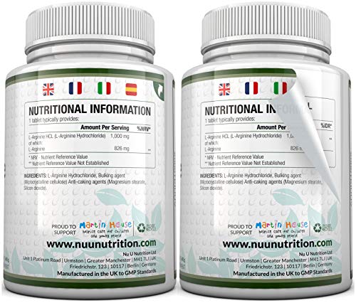 L-Arginina 4000-365 Comprimidos Vegetarianos y Veganos, Suministro Hasta Para Un Año de L-Arginina HCL, 1000 mg por Comprimido, Más Potente Que las Cápsulas de L-Arginina de las Marcas Competidoras