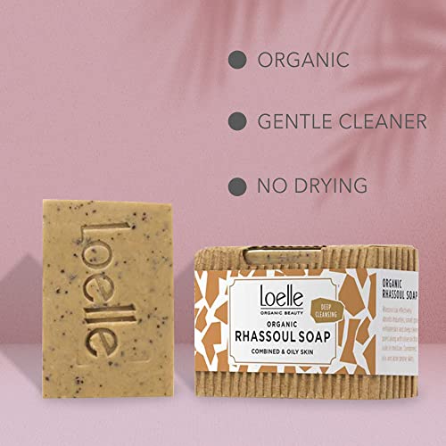 Loelle - Jabón de Arcilla Rhassoul Natural Hecha a Mano - Barra de Jabones Sólidos para Cara y Cuerpo, Ideal para Pieles Grasas y Mixtas - Productos Orgánicos de Belleza Hechos en Marruecos (75g)