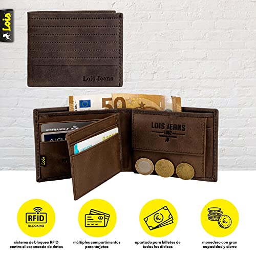 Lois - Cartera para Hombre Piel Genuina Cuero. Monedero, Tarjetero con Sistema Bloqueo RFID. Marca Original. Diseñada en España 202211, Color Marron