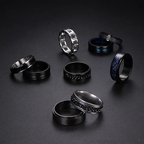 LOLIAS 9Pcs Anillos de Acero Inoxidable para Hombres Anillos de Cadena Trenzada Anillos de Abridor de Cerveza Conjunto Giratorio Vintage para Hombre Promesa de Boda Anillo de Banda Tamaño 14-27