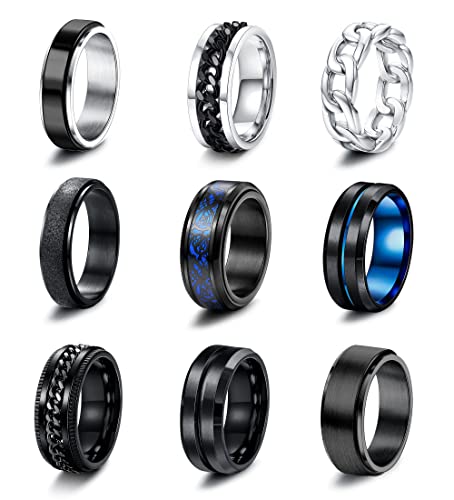 LOLIAS 9Pcs Anillos de Acero Inoxidable para Hombres Anillos de Cadena Trenzada Anillos de Abridor de Cerveza Conjunto Giratorio Vintage para Hombre Promesa de Boda Anillo de Banda Tamaño 14-27